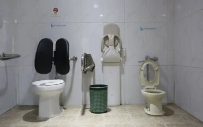 Anak balita sedang belajar toilet training menggunakan potty chair dengan ceria