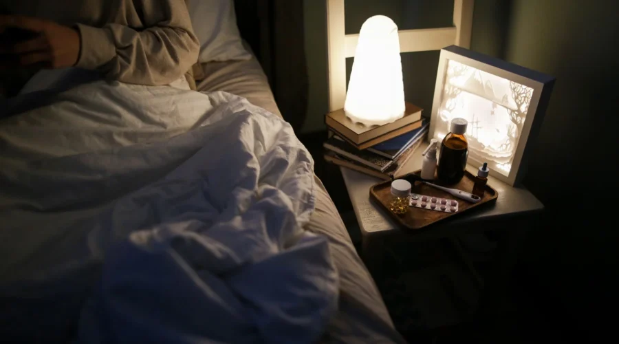Seseorang sedang membaca buku di samping lampu tidur temaram sebagai bagian dari cara membangun rutinitas malam