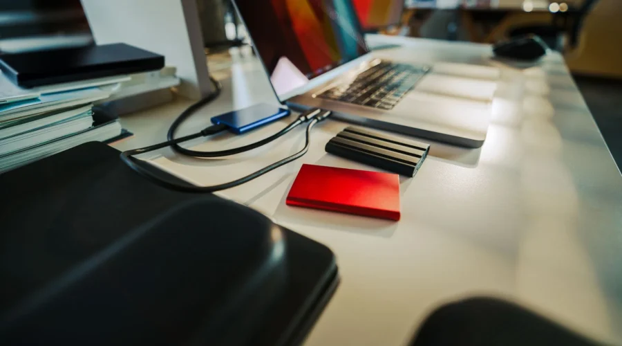 SSD eksternal kecil berwarna hitam terhubung ke laptop melalui kabel Type-C